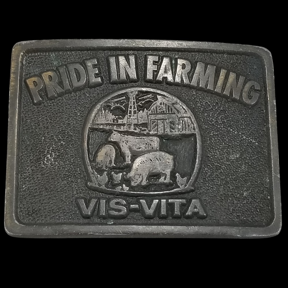 Pride in Farming VIS-Vita Belt Buckle Vintage Brass Farm‎ Animal Country Western